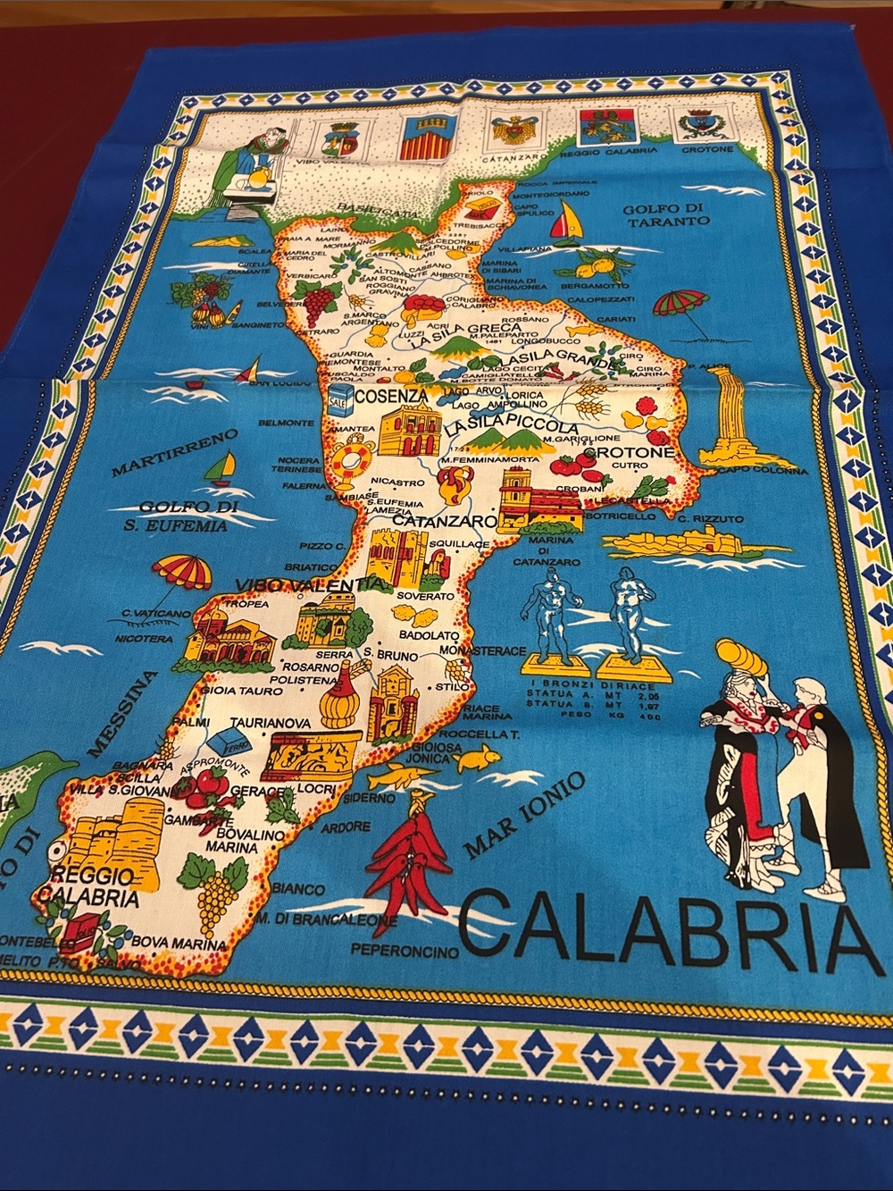 Calabria Souvenir Decorative Map kitchen tea towel in Bright Blue, 23x33
